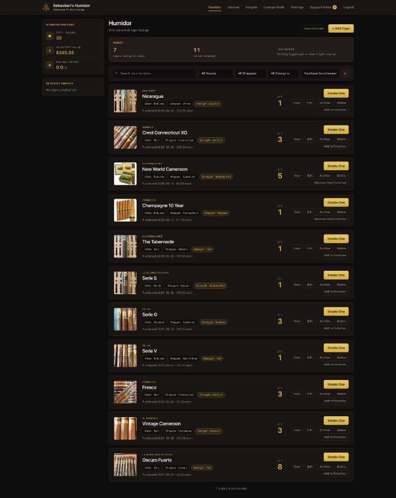 Humidor inventory list with cigar details, quantities, and smoke actions