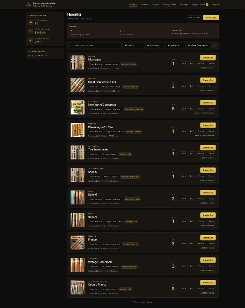 Humidor inventory list with cigar details, quantities, and smoke actions