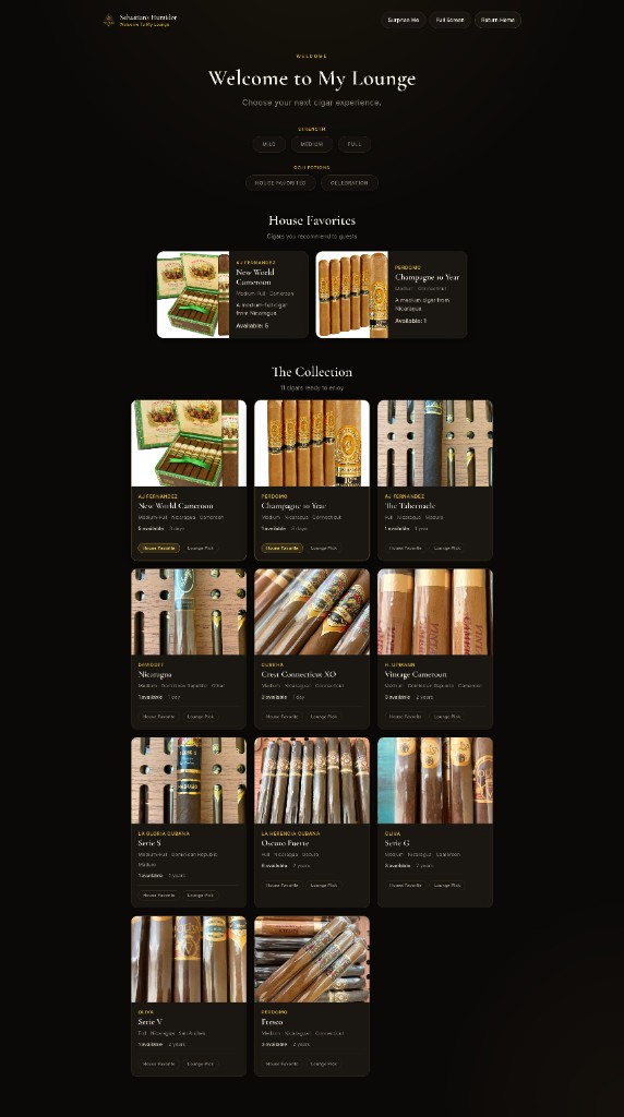 Lounge Mode full-screen display showing a curated cigar collection for guests
