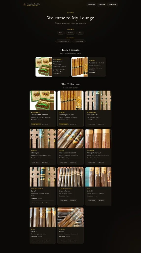 Lounge Mode full-screen display showing a curated cigar collection for guests